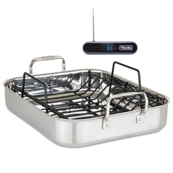 STAINLESS STEEL ROASTER w/RACK AND DIGITAL THERMOMETER, 3 PLY