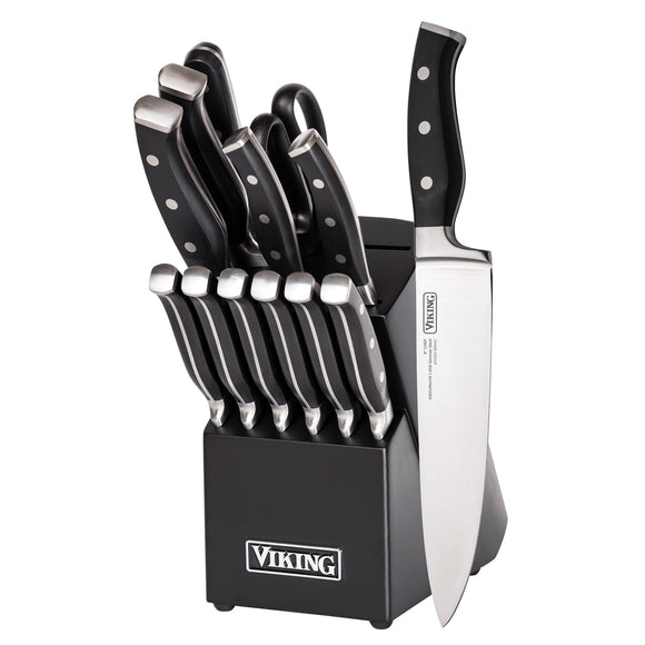 VIKING 14 PC GERMAN STEEL CUTLERY SET with BLACK WOOD BLOCK