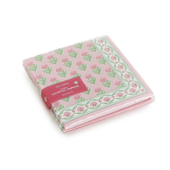 PINK FLORAL BLOCK PRINT COCKTAIL NAPKINS