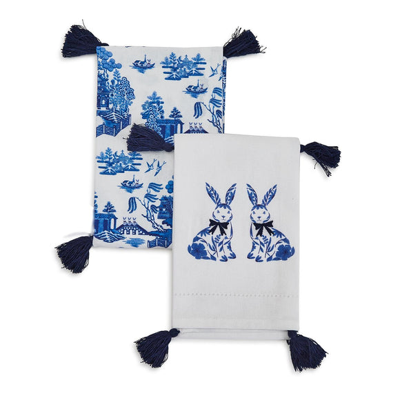 BLUE & WHITE BUNNY DISH TOWELS, SET OF 2