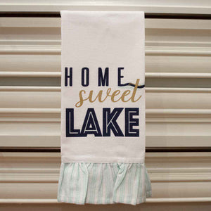 HOME SWEET LAKE RUFFLE HAND TOWEL, WHITE/ROYAL