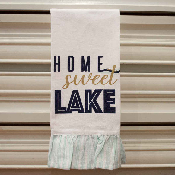 HOME SWEET LAKE RUFFLE HAND TOWEL, WHITE/ROYAL