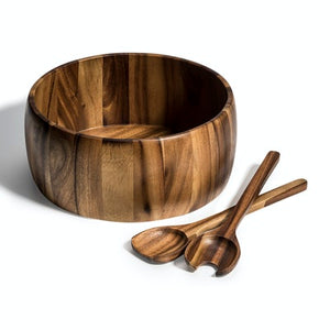 LARGE ACACIA WOOD SALAD BOWL w/ SERVERS