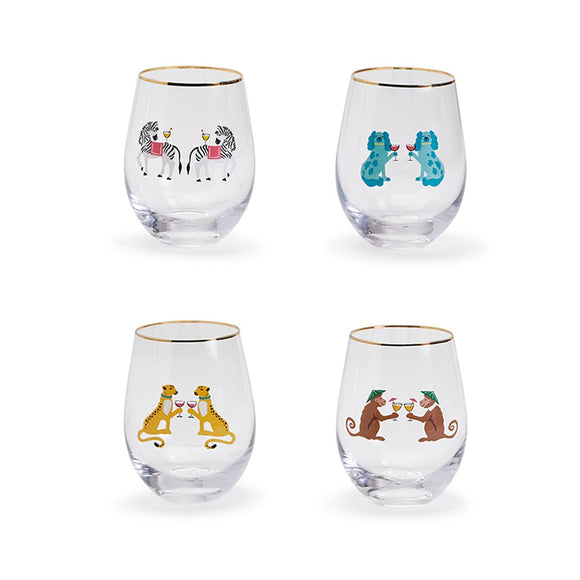 ANIMAL PARTY STEMLESS WINE GLASS, ASSORTED disc